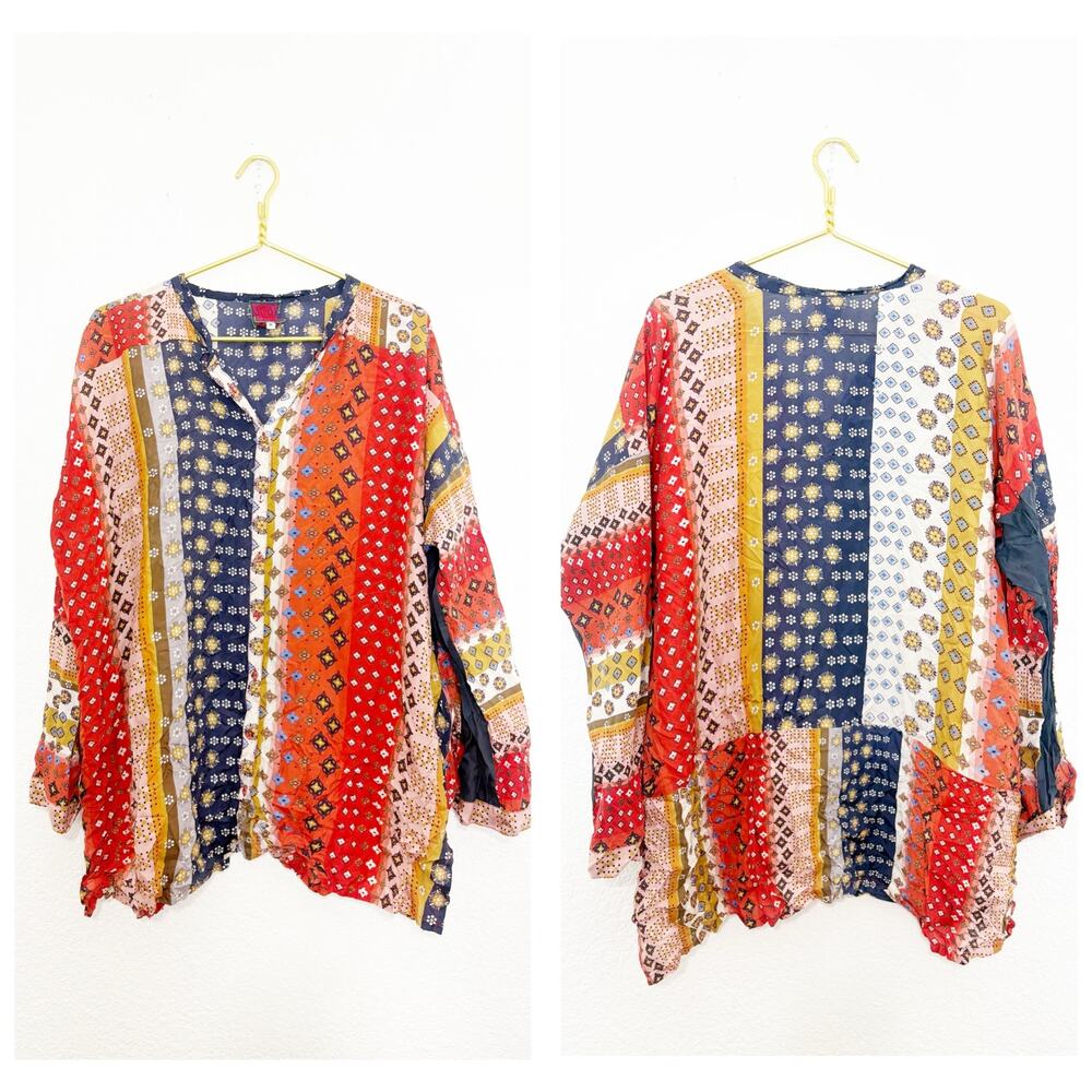 Johnny Was Eulia 100% Silk Mix Print Patchwork Button Tunic Blouse Top Medium